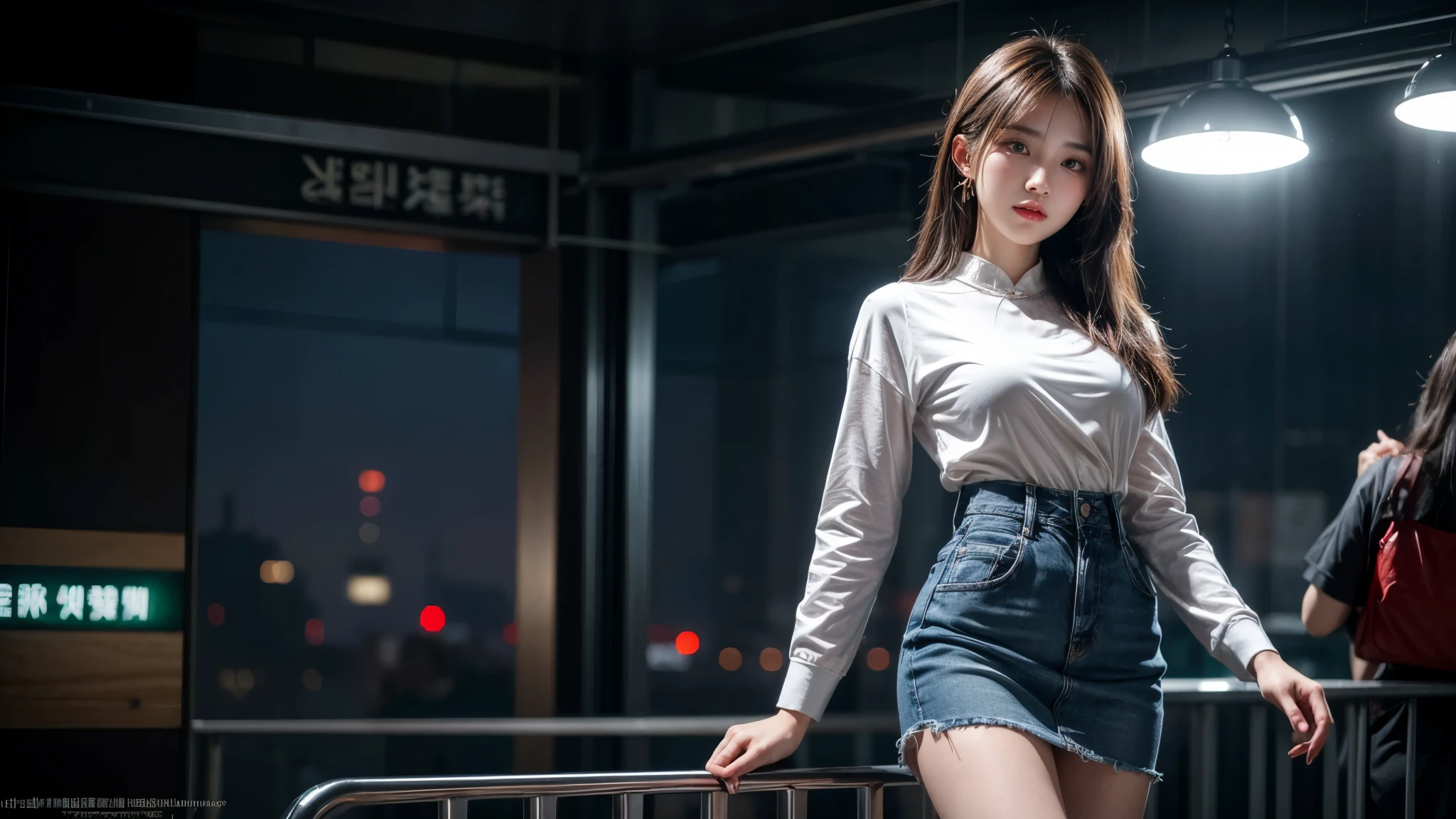 ((Best Quality, 8K, Masterpiece: 1.3)), Focus: 1.2, Wearing Emerald red Cheongsam,8k ultra high definition，masterpiece level work，RAW format photos，best picture quality，Extreme details（1.2）：Realistic reproduction，Extremely detailed CG unified in 8K resolution，8K diamond-level delicacy and wallpaper-like visual impact，Have deep depth of field、Level light and shadow effect、Lens flash、Ray tracing technology（stunning beautiful face、beautiful lips、beautiful eyes），Extremely exquisite facial details（Extremely fine skin texture）——Depicts a Korean 18 years old female model，In the dark night，In deep shadow，Charming Korean girl，Like a K-pop idol（Extremely slim and tight figure：1.3），Show from the audience’s perspective，low waist denim miniskirt:1.5，Short clothing tailoring design，Night view of the city，neon signs，Beautiful Korean girl in dark night atmosphere，wearing peal stud earrings、lace pantyhose，Clear and bright blue eyes，Walking posture，Have fair skin，Look directly at the camera head-on，Big eyes are full of charm（Upper body close-up），close-up，The overall image is extremely slim、Slender and elegant，Exquisite facial features，She looks a lot like actor Kim Hee Sun, withe shirt, blue skirt, very huge tits