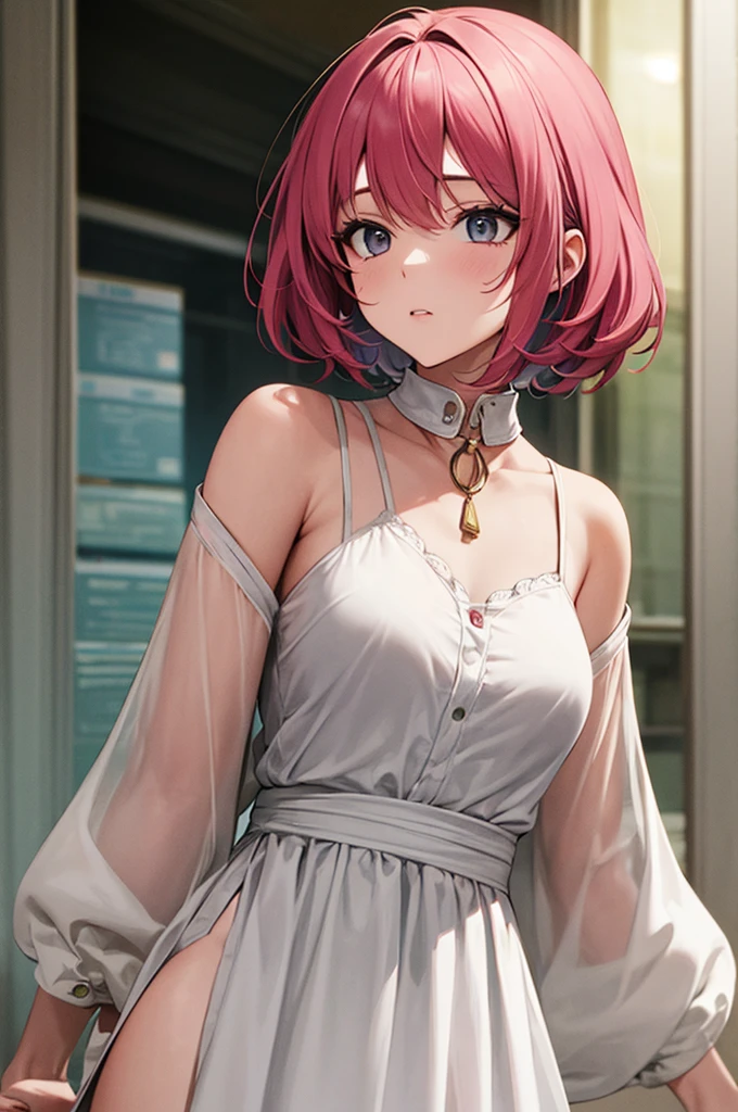Alcanevi, A woman with medium-short pink hair wearing a white dress, Woman's face, Unreal Engine Character Art, Portraiture