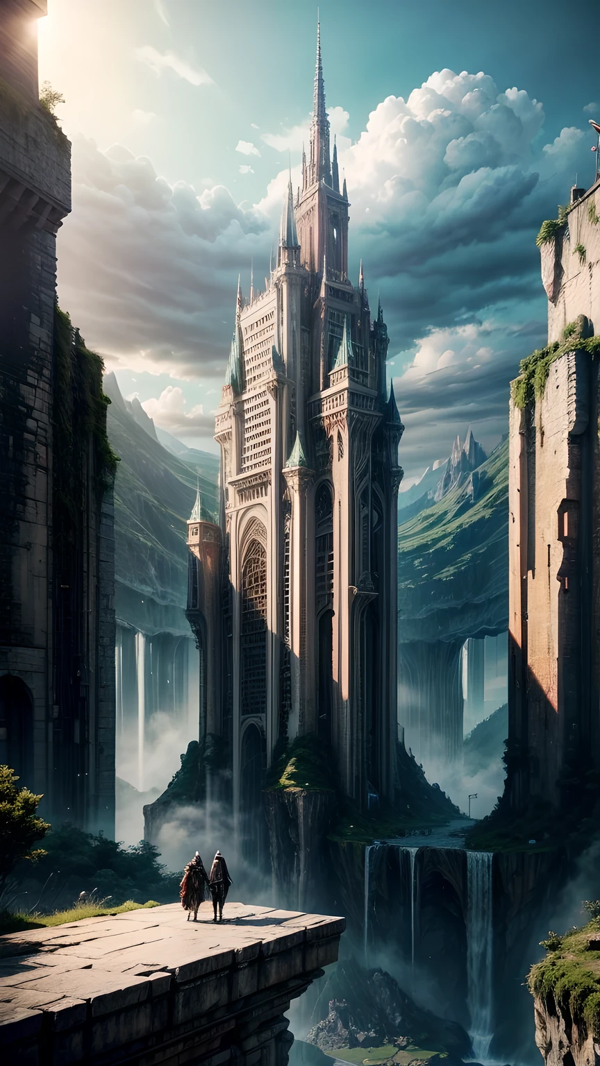 Huge castles and skyscrapers floating in the air Cyberpunk fantasy world Top quality ultra high definition utopia 8K Giant waterfalls nature，future