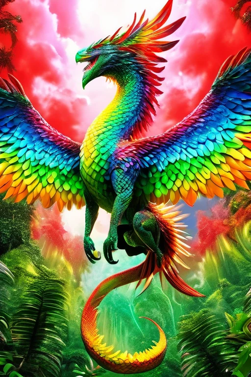 feather winged flying serpent, rainbow scales, sharp fangs, molten green eyes, looming above a rainforrest, highly detailed, cinematic lighting, hyper realistic, 8k, award winning digital art, stunning composition, photorealistic, vibrant colors, dramatic lighting, intricate details, fantastical creature, lush environment, awe-inspiring, majestic, masterpiece ((full body)) ((NO Legs))
