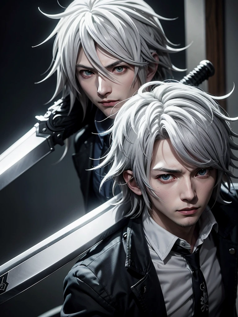 Close-up of a white-haired person and a sword., Nagito Komaeda, Inspired by Okumura Tokyu, He has dark gray hair., Silver haired maniac, Tall anime guy with blue eyes., Inspired by Okumura Masanobu, anime boy, male anime characters, Nagito Komaeda from danganronpa