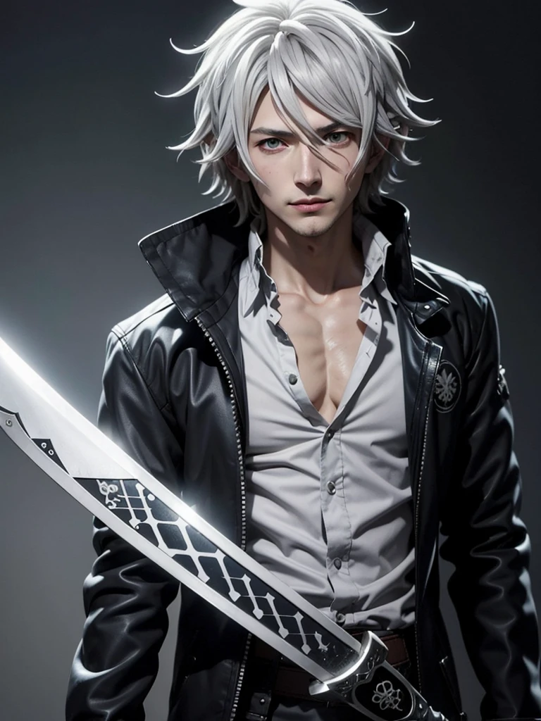 Close-up of a white-haired person and a sword., Nagito Komaeda, Inspired by Okumura Tokyu, He has dark gray hair., Silver haired maniac, Tall anime guy with blue eyes., Inspired by Okumura Masanobu, anime boy, male anime characters, Nagito Komaeda from danganronpa