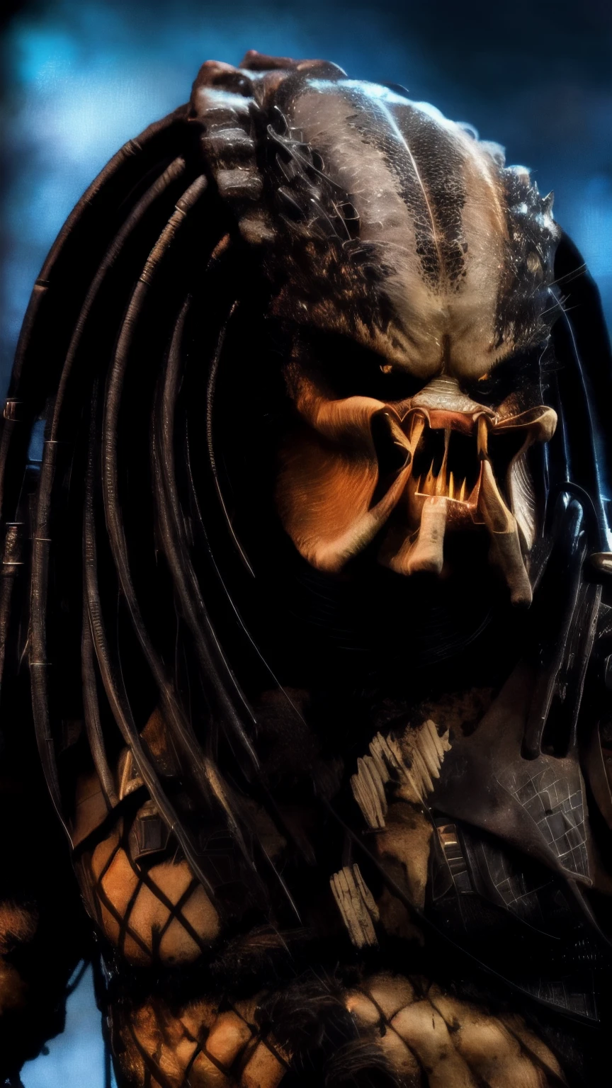dark scene, a ((close-up portrait)) of a Yautja predator with sharp teeth, detailed head and face, perfect teeth, perfect body, night, city street, mist, particles, serious, dark armosphere, detailed background, high quality, award winning , in the style of Jim Lee, Marvel Comics,