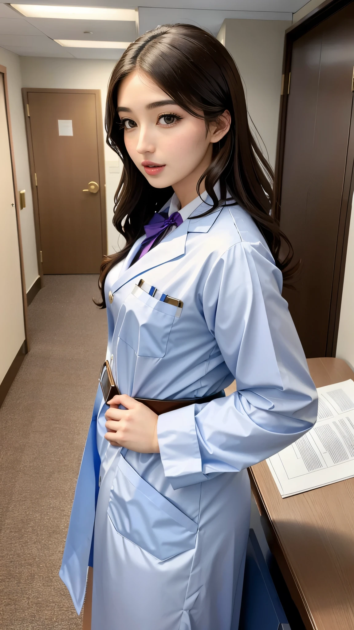 emilywillis, dressed as a doctor in a hospital holding a clipboard、タートルネックセーター、ミニスカート