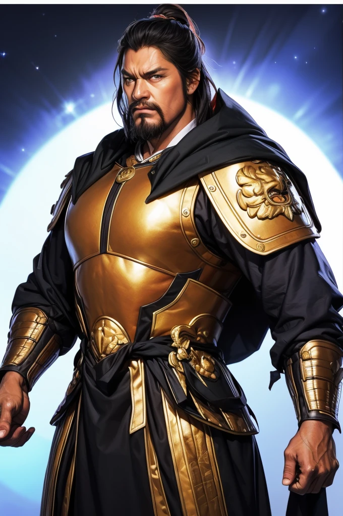 8K,middle aged man,oriental armor(The elaborately crafted coat of arms of a nobleman),ultra high resolution,surreal,realistic skin,Black hair short hair,big black eyes,clear eye description, muscular body,waist armor,delicate hands, Perfect hand shape, character art, action pose,masterpiece,Realistic RAW photos of the highest quality,bright colors,rich colors, backlight, movie lights, film grain,50mm lens