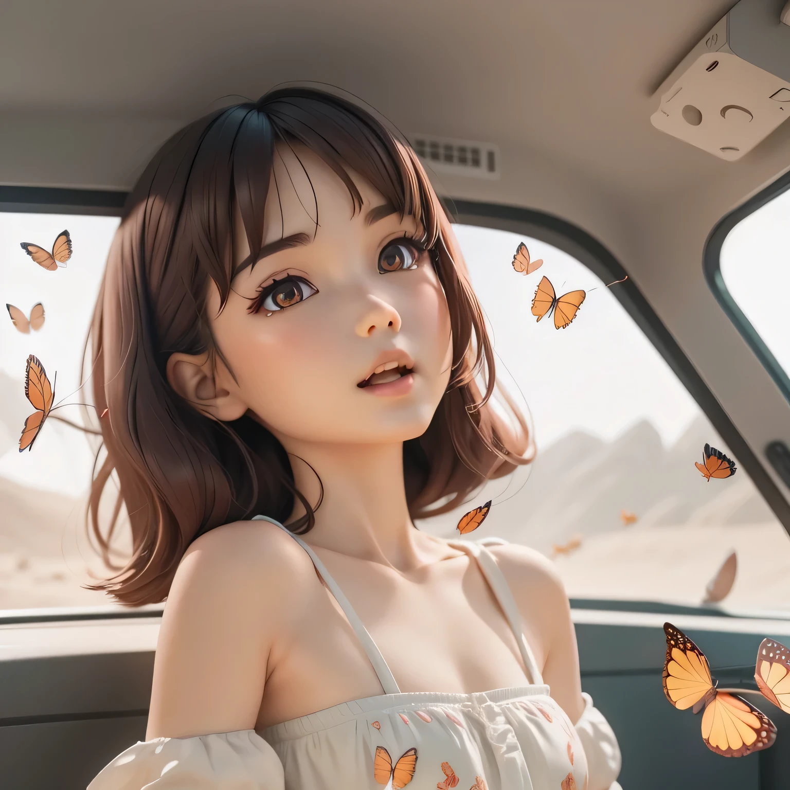 masterpiece, best quality, Super Detail, (whole body: 1.2), 1 Girl, Red Cliff, 3d rendering, Q Print Style, 8K cartoon illustration, official art works，small butterfly