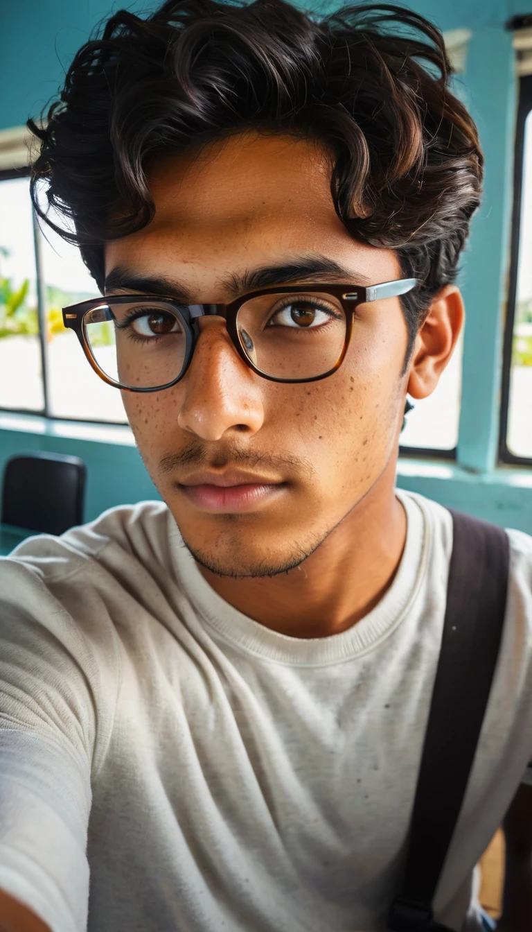 (Photography, Realism: 1.4),
23 years old, male, black hair, smart looking, Maldivian, looking out of classroom window, cinematic lighting, highly detailed eyes, highly detailed face, brown eyes, freckles, glasses, Taking a selfie with my friends