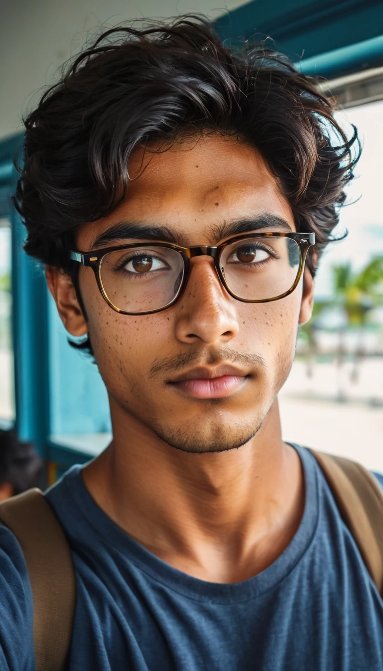 (Photography, Realism: 1.4),
23 years old, male, black hair, smart looking, Maldivian, looking out of classroom window, cinematic lighting, highly detailed eyes, highly detailed face, brown eyes, freckles, glasses, Taking a selfie with my friends