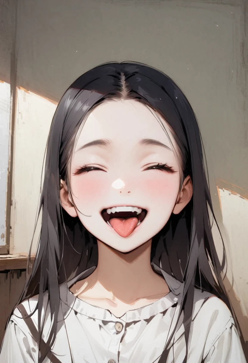 shoot from below、alone、headshot、Sticking out tongue、Open your mouth wide、teeth、Close-up of face、primary school、School building、In the classroom、forehead、shoulder cut tops、Private Server、Girl、Girl、Short、Younger、Lower school year、Baby Face、flat chest、smile