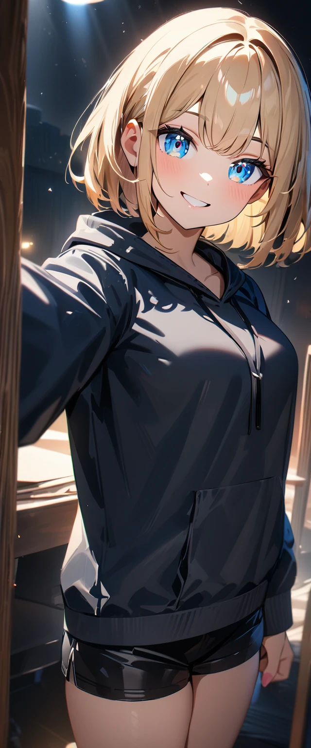 (((One girl))), blond hair, bob cut, (upper body), (looking at viewer), breasts, teenager, head tilt:1.3, (((blue eye))), (from side), selfie, reaching, ((happy smile)), black hoodie, black shorts:1.3, anime style, (best quality, 4k, 8k, highres, masterpiece:1.2, ultra-detailed, ultra-detailed eyes, HDR, UHD, studio lighting, ultra-fine painting, sharp focus, physically-based rendering, extreme detail description, professional, vivid colors, bokeh)