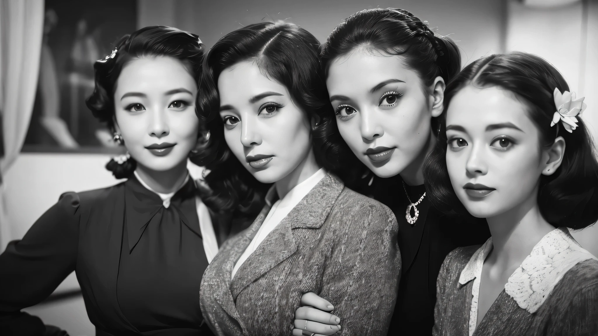 (1940s women:1.3), (1women:1.3), smile shyly, (highly detailed face), (extremely detailed beautiful face), (Early Showa hairstyle, retro hairstyle, 1940 fashionable clothing, oldies fashion:1.3), (Best Quality:1.4), (Ultra-detailed), extremely detailed CG unified 8k wallpaper, Realistic portrait, Beautiful detailed, High-definition raw color photos, professional photography, (fine face:1.2), focus on women, (oldies, oldies songs, Old photos, retro photos, sepia photos, black and white photos, valuable photos that give you a sense of the times),