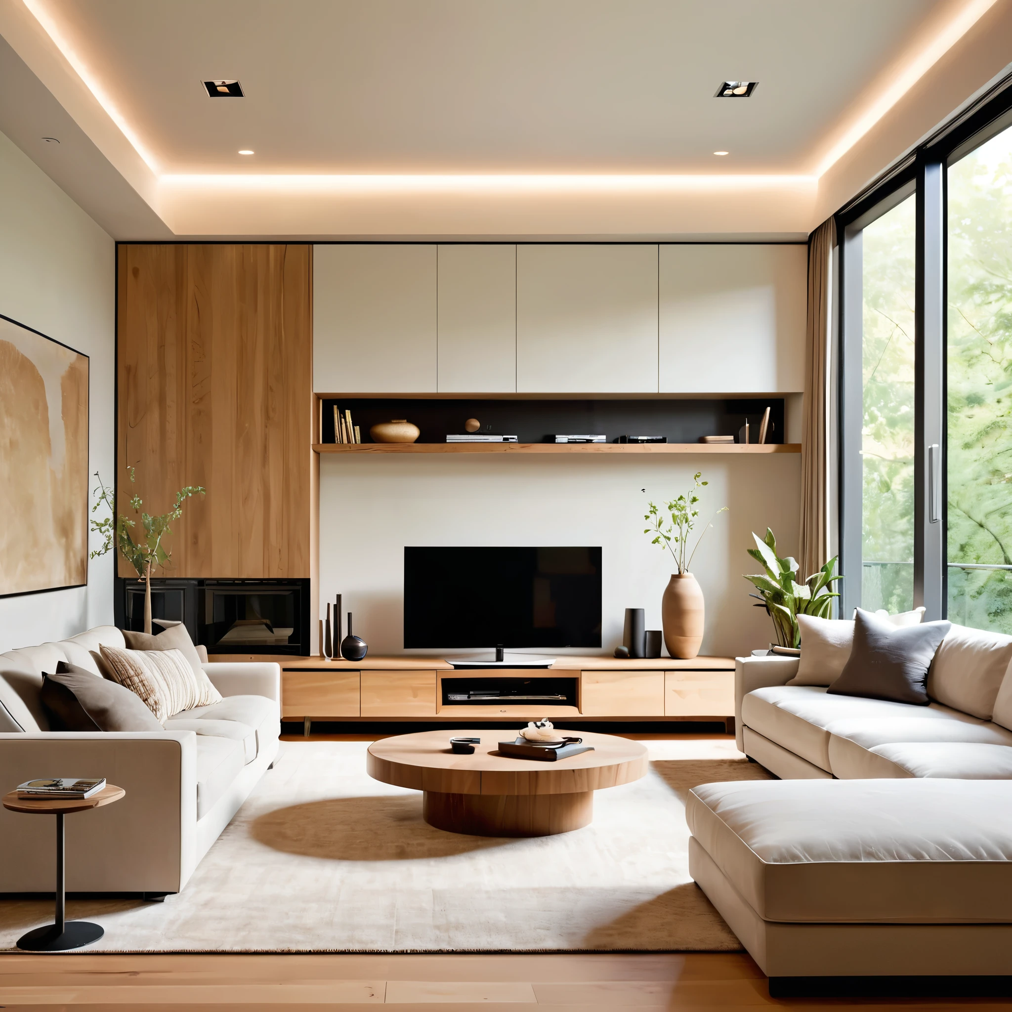 Design a modern and minimalist living room with a sleek aesthetic. The room features a large, comfortable white sectional sofa, a light wood floor, and a long, neutral-toned rug. The walls are painted a soft, light color to enhance the airy feel. A large flat-screen TV is mounted on the wall opposite the sofa, with a low-profile media console beneath it. Add subtle, built-in lighting along the ceiling and wall edges to create a warm ambiance. Include a small, round wooden side table next to the sofa for a touch of natural texture