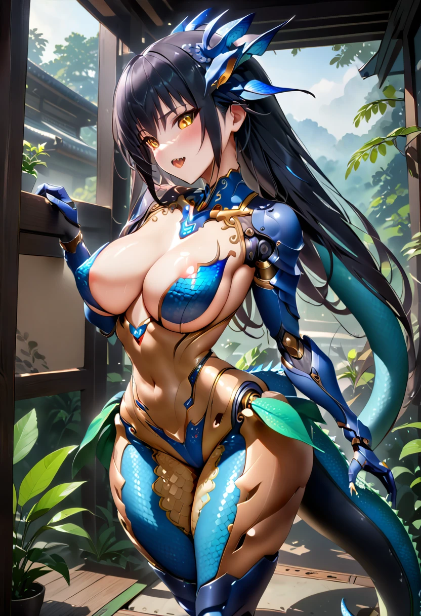((Highest quality、unity 8k wallpaper、32k、masterpiece、Very detailed、Ultra-high resolution、Ultra-high resolution、 Very detailedな顔, RAW Photos, Professional, Ultra-fine painting, Anatomically correct lizard man)) AndroidKotegawa Yui morphing into lizardwomen, kotegawayui, Long black hair, Yellow Eyes, ((Reptile Eyes)、mouth with sharp fangs,,、From shoulder to collarbone、It is covered with fine scales up to its neck..、(In the ass、juxtaposition, Impressive lizard tail stretching from tailbone to spine) 、Lizard legs with sharp claws、Fine blue scales that grow like thigh-length socks、Fine blue scales that grow like long gloves、Long nails)、Nipples are fully visible、((There are fine scales on the sides、It has fine blue scales growing around its waist.., Scales on the back、Scales from flank to thigh))、The boundary between the scales and the skin is unclear、Mechanical Lizard、Androidization、Mechanical Body、Robot Joints、