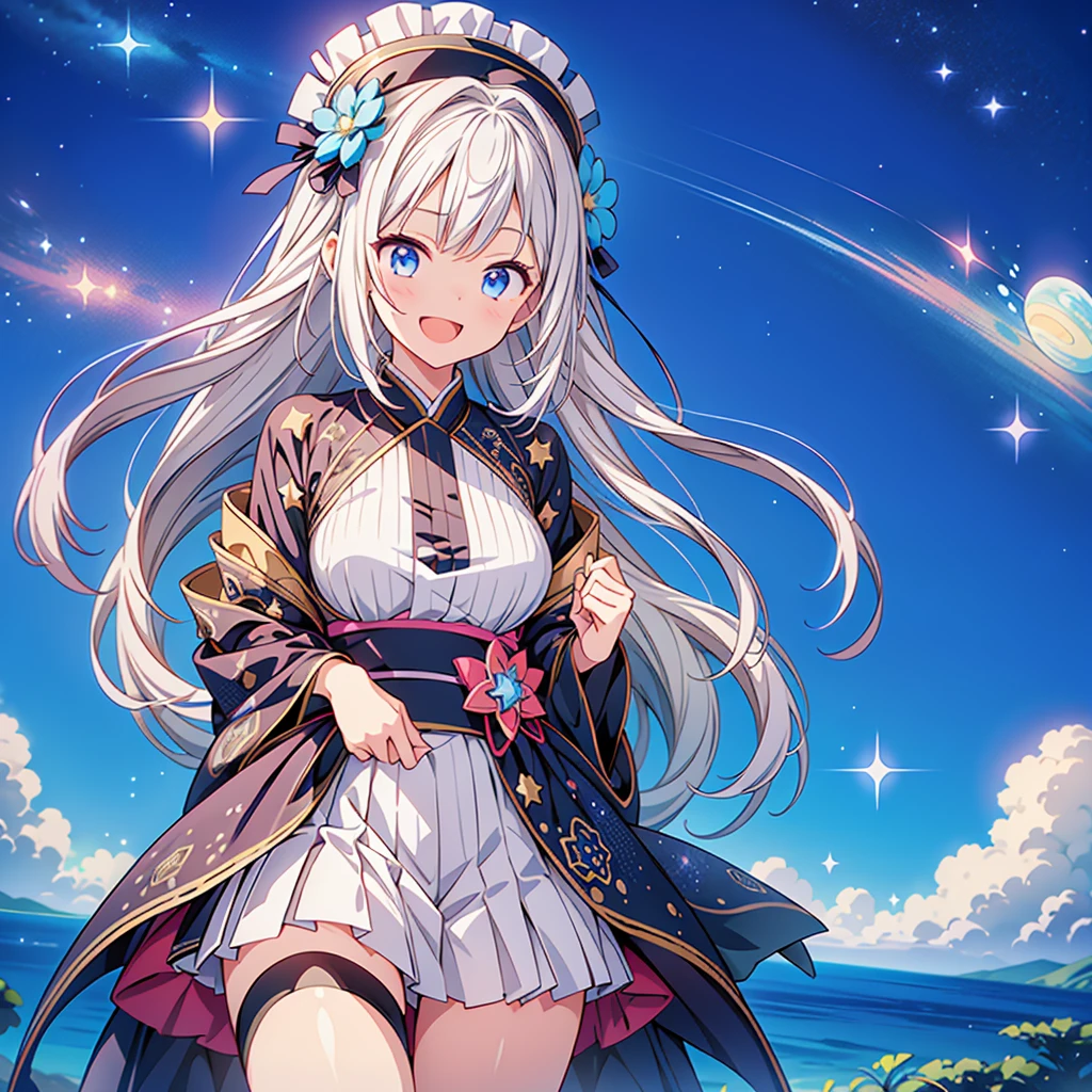 1GIRL,Star Fairy、(masterpiece, Highest quality、The best dynamic composition), One girl, 「Beautifully printed galaxy patterned kimono and gothic lolita outfits.、Space Pattern Ruffle Box Pleated tand in front of the audience、Knee-high boots、Captivating eyes、Perfect and amazing face、Exquisite detail、Clear images、Highest quality。」Milky white and blue gradient short hair、smile、Laughing happily、Super huge、detailed、