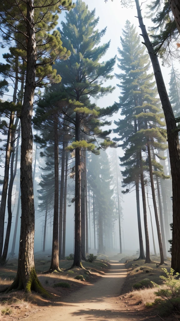 a huge, harsh and impenetrable forest shrouded in twilight and coolness, mysterious and even frightening, stretching along a deep cliff as gloomy as the forest itself, with massive tree trunks bare of moss, mushrooms and vines, only twisted branches reaching out in different directions sheltering the bravest birds, the air filled with the scent of pine needles and damp, the tops of towering spruce and pine blocking the sun's rays, leaving the forest floor covered in fallen needles and tangled roots, an eerie silence broken only by the occasional bird, a rare sight of any other living creature, (best quality,4k,8k,highres,masterpiece:1.2),ultra-detailed,(realistic,photorealistic,photo-realistic:1.37),intricate landscape,moody lighting,dramatic shadows,dense foliage,gnarled ancient trees,overcast skies,cool color palette