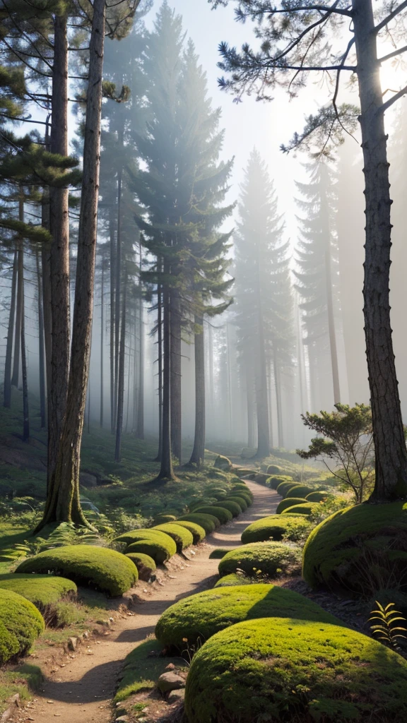 a huge, harsh and impenetrable forest shrouded in twilight and coolness, mysterious and even frightening, stretching along a deep cliff as gloomy as the forest itself, with massive tree trunks bare of moss, mushrooms and vines, only twisted branches reaching out in different directions sheltering the bravest birds, the air filled with the scent of pine needles and damp, the tops of towering spruce and pine blocking the sun's rays, leaving the forest floor covered in fallen needles and tangled roots, an eerie silence broken only by the occasional bird, a rare sight of any other living creature, (best quality,4k,8k,highres,masterpiece:1.2),ultra-detailed,(realistic,photorealistic,photo-realistic:1.37),intricate landscape,moody lighting,dramatic shadows,dense foliage,gnarled ancient trees,overcast skies,cool color palette