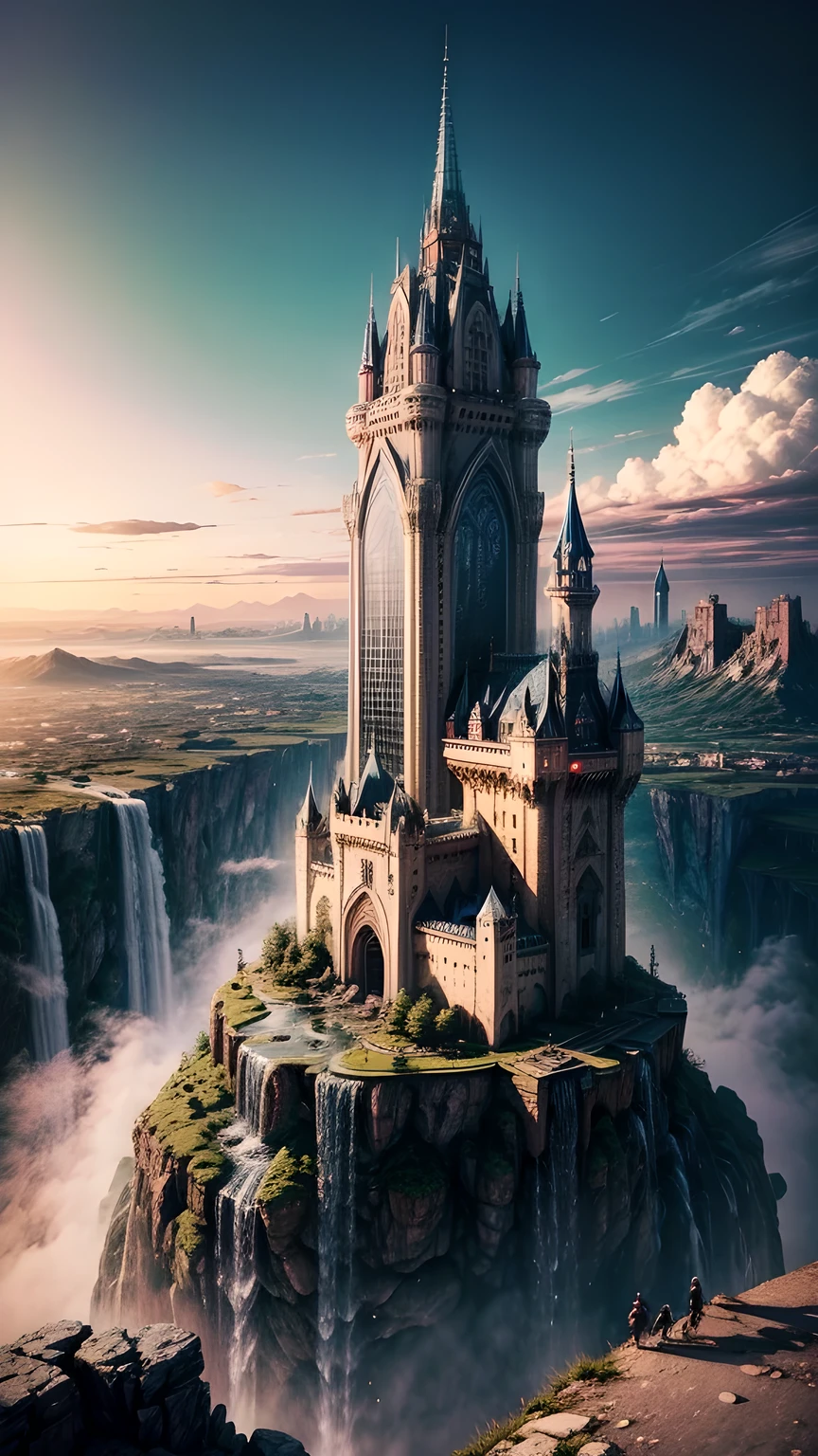 Huge castles and skyscrapers floating in the air Cyberpunk fantasy world Top quality ultra high definition utopia 8K Giant waterfalls nature，future