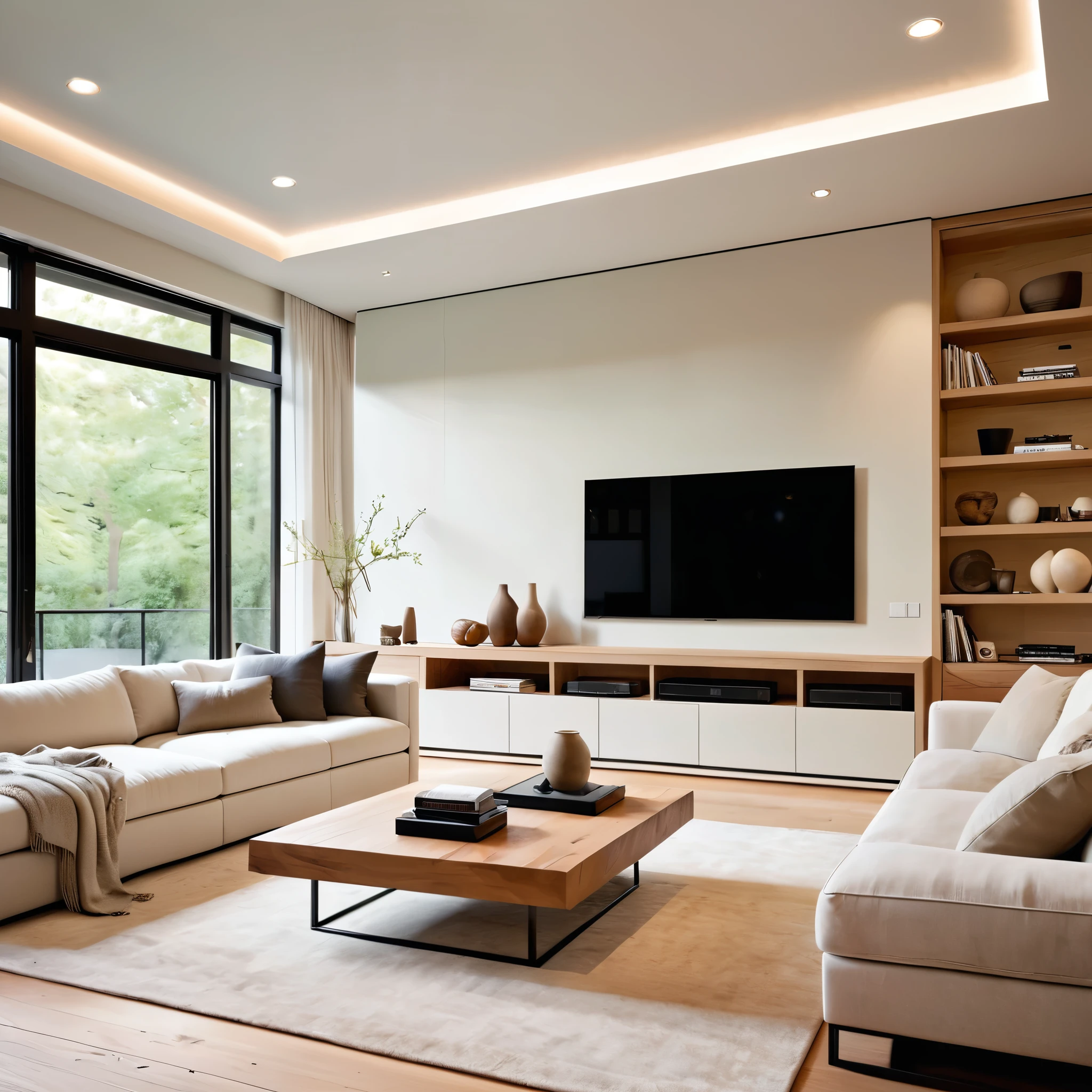 Design a modern and minimalist living room with a sleek aesthetic. The room features a large, comfortable white sectional sofa, a light wood floor, and a long, neutral-toned rug. The walls are painted a soft, light color to enhance the airy feel. A large flat-screen TV is mounted on the wall opposite the sofa, with a low-profile media console beneath it. Add subtle, built-in lighting along the ceiling and wall edges to create a warm ambiance. Include a small, round wooden side table next to the sofa for a touch of natural texture
