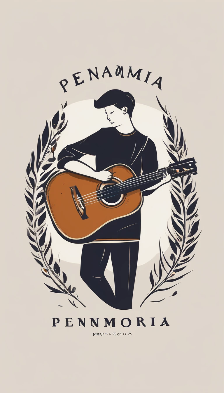A minimal, modern, simple, cinematic logotype for the brand “Penamemoria". The logotype must be a simple, magical feather and a boy playing acoustic guitar. The logo must convey a sense of music, stories and dreams. Logo design impressed on a book cover. Minimalistic logo
