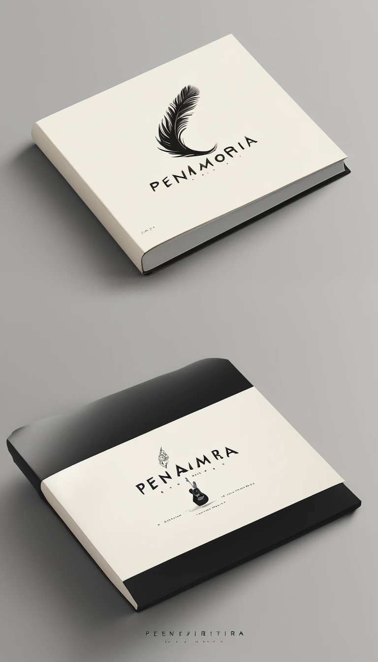 A minimal, modern, simple, cinematic logotype for the brand “Penamemoria". The logotype must be a simple, magical feather and a boy playing acoustic guitar. The logo must convey a sense of music, stories and dreams. Logo design impressed on a book cover. Minimalistic logo