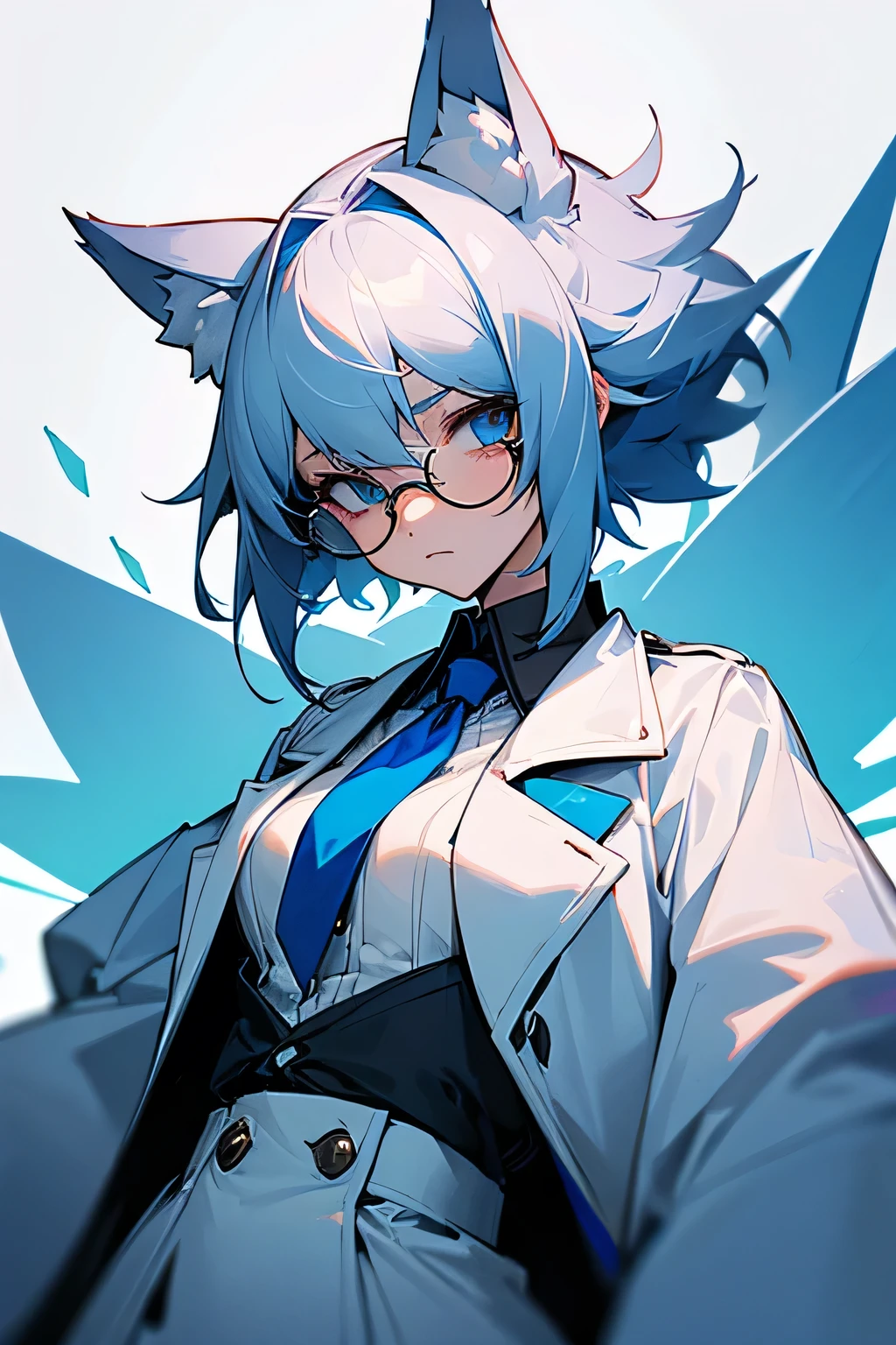The character has short, white hair that fades into a soft azure blue at the tips. She wears rectangular glasses that highlight her bright, azure-tinted eyes. Wolf ears subtly emerge from her hair, accompanied by a fluffy wolf tail with a blue tip. Her upper body is in a confident stance, dressed in a fitted, high-collared white coat. The coat has a buttoned-up design that snugly fits around her torso with visible seams and functional pockets. Her posture is upright and determined, emphasizing readiness. Her facial expression conveys focus and determination, with a hint of urgency.

