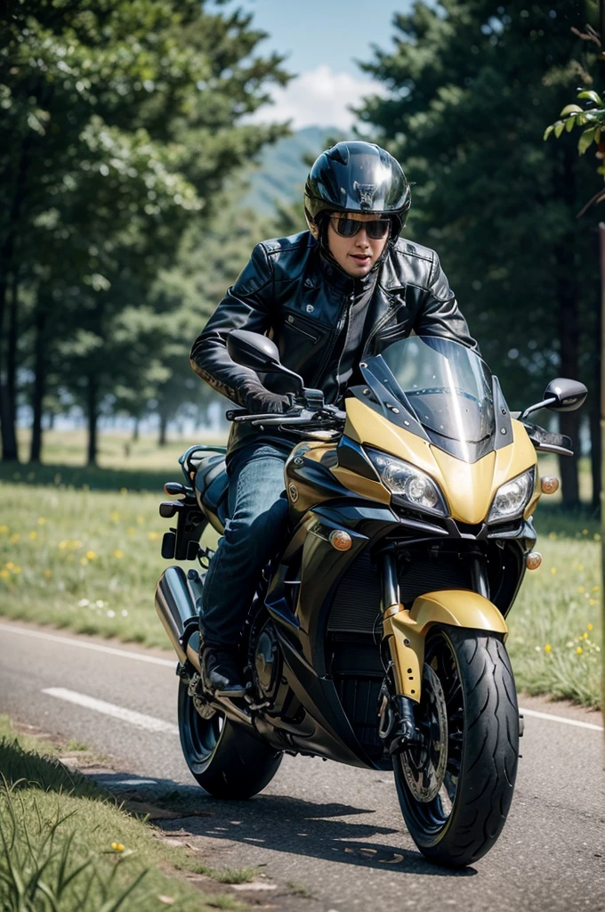 Imagine a man riding a superbike, a powerful motorcycle that roars like a lion. He wears a leather jacket, helmet and gloves. The wind beats against him as he accelerates. ao redor, there are rolling green hills covered in soft grass, tall trees gently swaying and colorful flowers. The fresh scent of wet earth and greenery fills the air. The sound of birds singing and the rustling of leaves complete the scene., creating an environment of freedom and adventure.