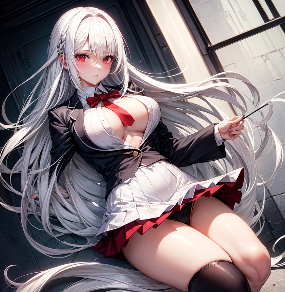 Beautiful girl, white hair,red eyes, smooth skin, , thick thighs, large chest, school blazer,short skirt, panties 