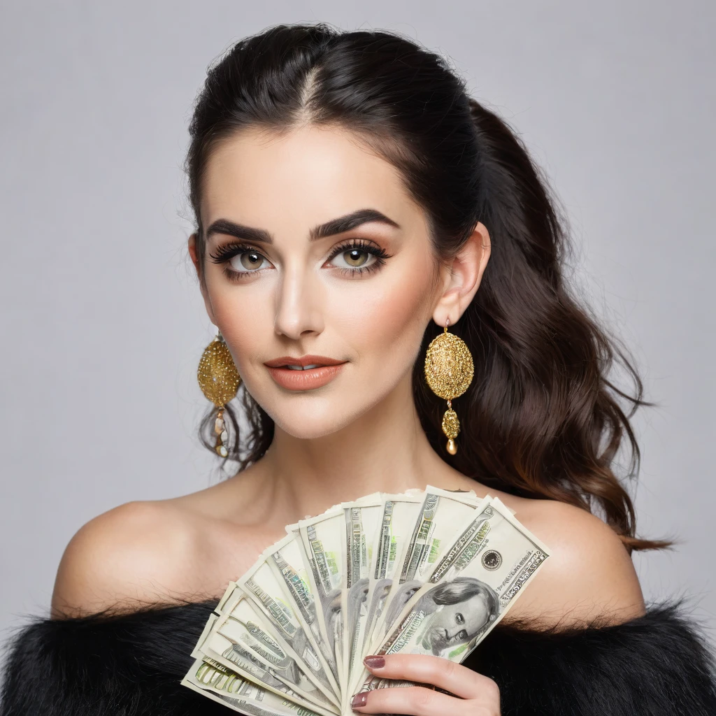white woman bearded to the cheeks and hairy neck, big nose, makeup, black hair tied back, wears a huge shaggy beard, thick and well-groomed, black eyes, seductive and proud look, large golden earrings, holds banknotes of dollars