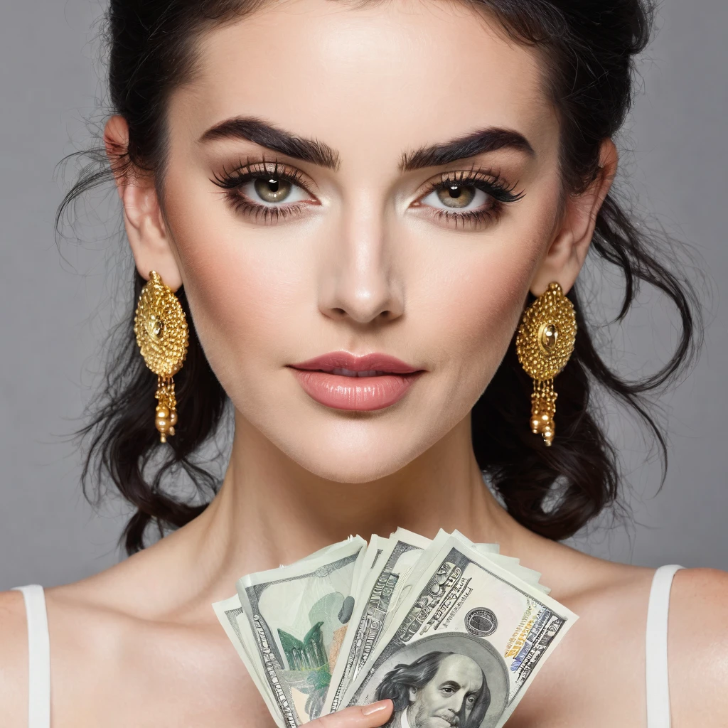 white woman bearded to the cheeks and hairy neck, big nose, makeup, black hair tied back, wears a huge shaggy beard, thick and well-groomed, black eyes, seductive and proud look, large golden earrings, holds banknotes of dollars