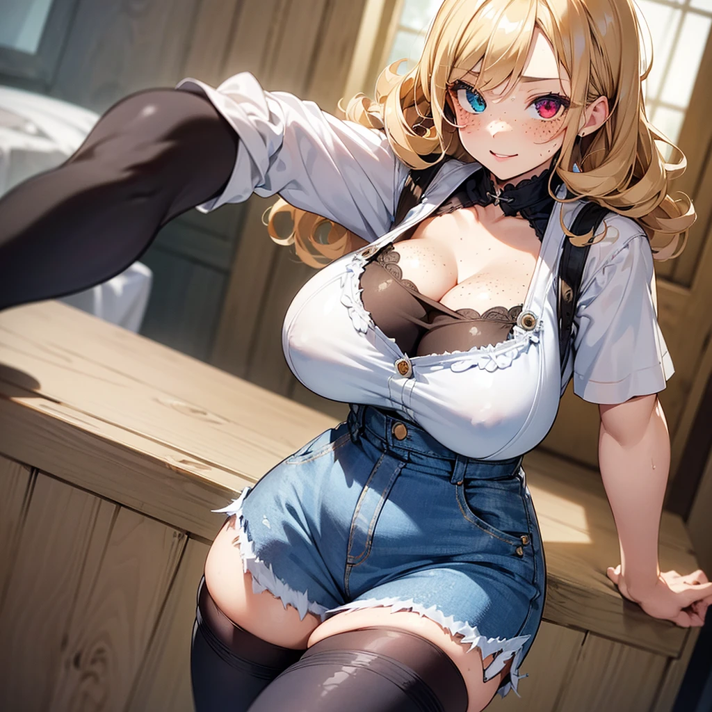 1girl, dark-blonde hair ((curly)), round eyes ((heterochromia)), ((freckles)), cute, sexy, smile, attractive, mature, best quality, masterpiece, ultra-detailed, illustration, absurd res, anime, white laced vest, big breasts, cleavage, blue skirt ((denim, high-waisted)), thin waist, wide hips, thick thighs, black thigh-highs