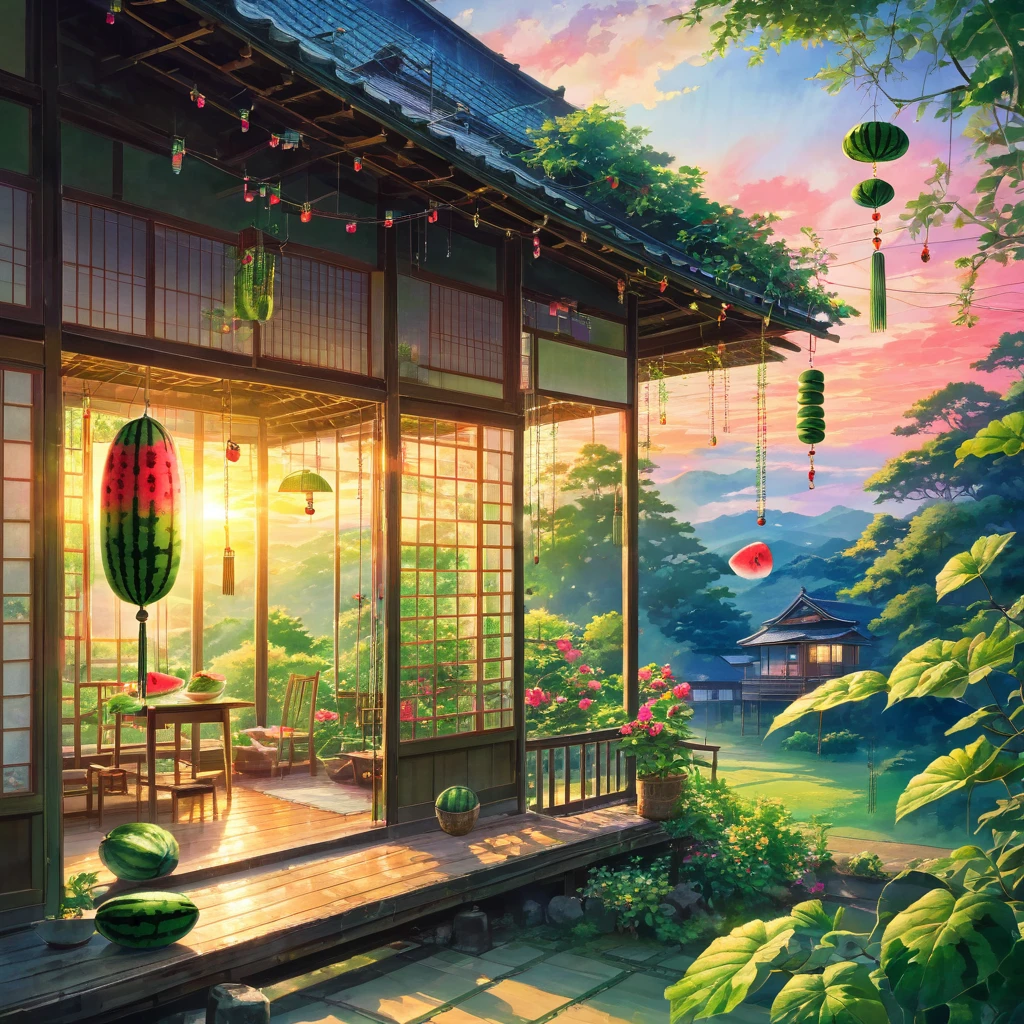 Japanese countryside, Old House, Veranda, watermelon, wind chimes, Summer vacation, At dusk, sunset, The Cicada&#39;s Cry, tatami, Shoji screen, Verandaの木目, watermelonの切り口, Summer Traditions, Nostalgic, Nostalgic scenery, Digital interface, Futuristic Technology, 光るwatermelon, Fusion of nature and technology, Photorealistic, Art Station Quality, High resolution, Detailed texture, 8K, Concept Art, Instagram Post、beautiful Anime Scenery, Landscape painting, Beautiful digital painting, Andreas Rocha, Beautiful artwork illustration, Awesome Wallpapers, Raymond Han, Tall beautiful paintings, Studio Greeble Makoto Shinkai, Beautiful Wallpapers, Anime Scenery
