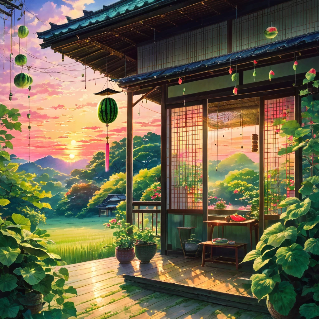 Japanese countryside, Old House, Veranda, watermelon, wind chimes, Summer vacation, At dusk, sunset, The Cicada's Cry, tatami, Shoji screen, Verandaの木目, watermelonの切り口, Summer Traditions, Nostalgic, Nostalgic scenery, Digital interface, Futuristic Technology, 光るwatermelon, Fusion of nature and technology, Photorealistic, Art Station Quality, High resolution, Detailed texture, 8K, Concept Art, Instagram Post、beautiful Anime Scenery, Landscape painting, Beautiful digital painting, Andreas Rocha, Beautiful artwork illustration, Awesome Wallpapers, Raymond Han, Tall beautiful paintings, Studio Greeble Makoto Shinkai, Beautiful Wallpapers, Anime Scenery