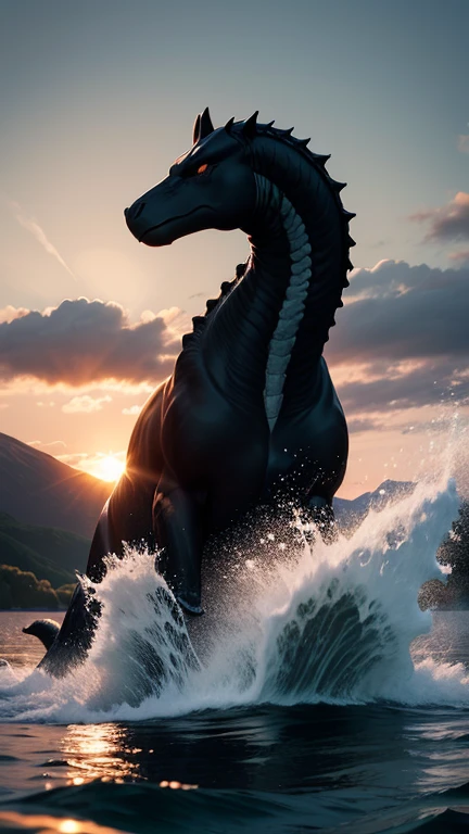 "Silhouette of the Loch Ness Monster gliding on the lake's surface at dusk, with a dark, serpentine figure breaking the calm water."