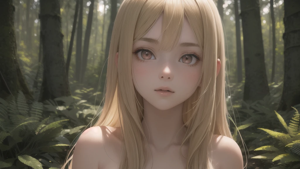 Anime-style illustrations,(Highly detailed background:1.0), (Highly detailed background:1.0), masterpiece, Highest quality, (One girl), alone, (forest), Long Hair, Blonde, nature, wood:1.2, Motion Blur,  chromatic aberration, Depth of written boundary, Soft lighting, Highly detailed face, Highly detailed eyes, nsfw, Completely naked, 