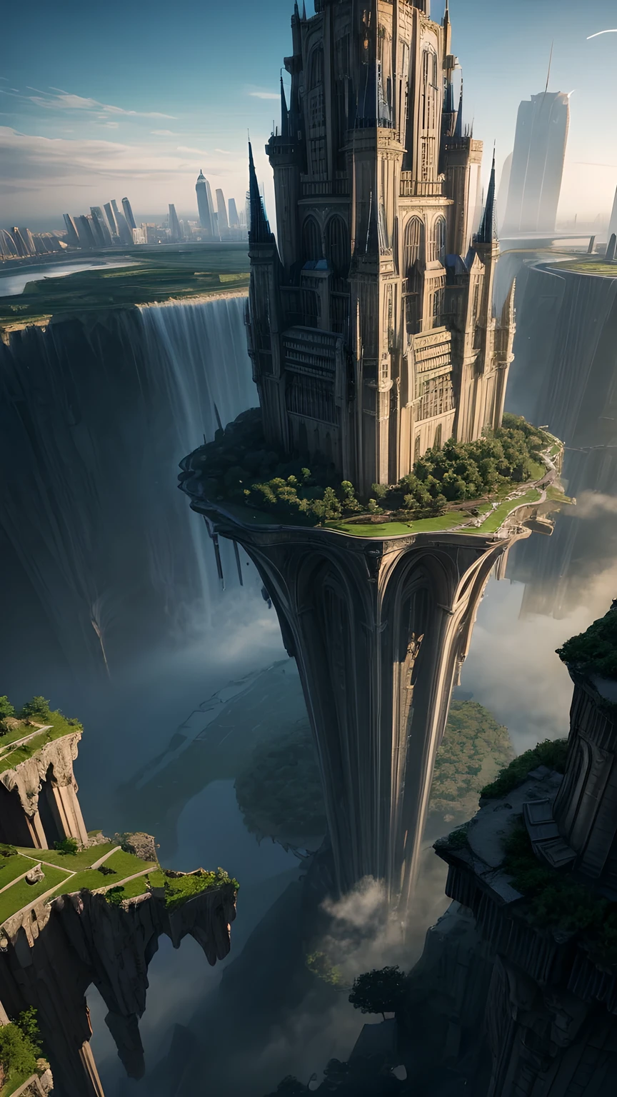 Huge castles and skyscrapers floating in the air Cyberpunk fantasy world Top quality ultra high definition utopia 8K Giant waterfalls nature