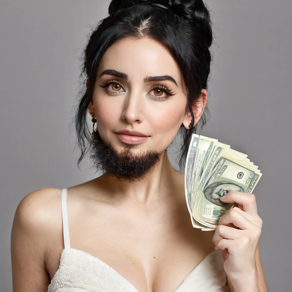 white woman bearded to the cheeks and hairy neck, big nose, makeup, black hair tied back, wears a huge shaggy beard, thick and well-groomed, black eyes, seductive and proud look, large golden earrings, holds banknotes of dollars