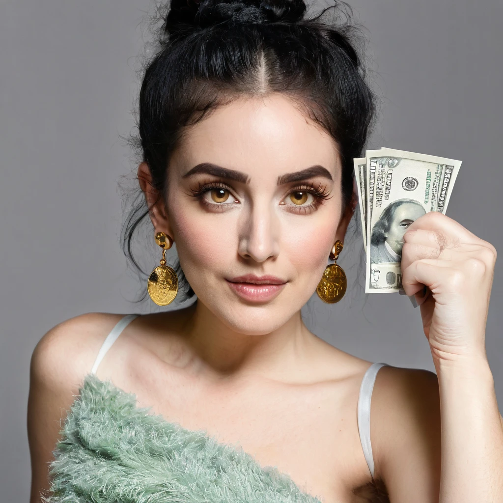 white woman bearded to the cheeks and hairy neck, big nose, makeup, black hair tied back, wears a huge shaggy beard, thick and well-groomed, black eyes, seductive and proud look, large golden earrings, holds banknotes of dollars