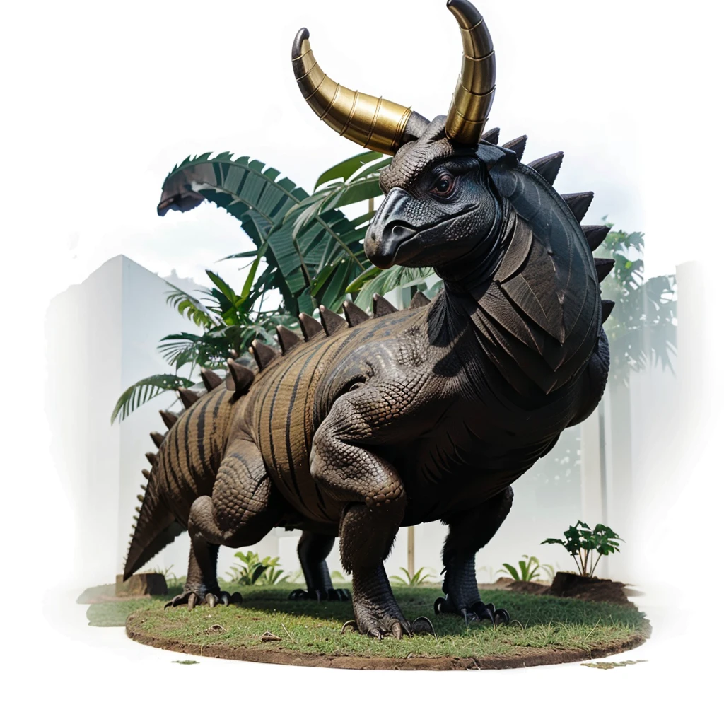 Big Animaly, has grees stripes on his skin, golden eyes, cassowary mixed with stegosaurus, Grassroots, no background