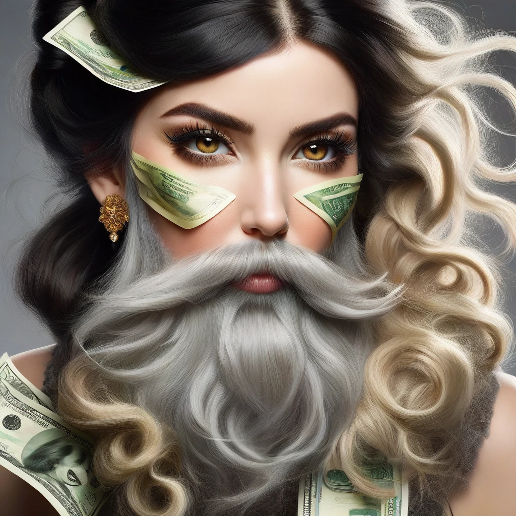 white woman bearded to the cheeks and hairy neck, big nose, makeup, black hair tied back, wears a huge shaggy beard, thick and well-groomed, black eyes, seductive and proud look, large golden earrings, holds banknotes of dollars