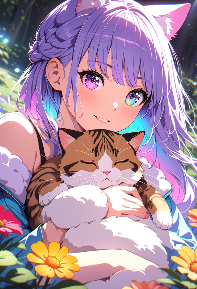8K, (anime, manga, illustration:1.3),insanely detailed, absurd, (1girl, cat), (sleep, hug:1.2), garden
