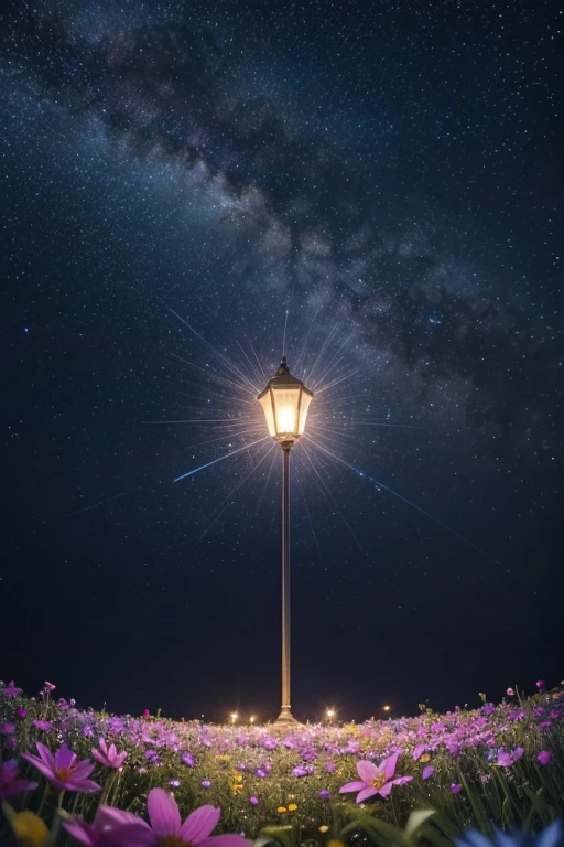 Illustrate a glowing lamp in a field of flowers under a starry sky. Each star should appear to connect to the lamp with strands of twinkling light, creating a magical scene that suggests the fusion of nature and big ideas."