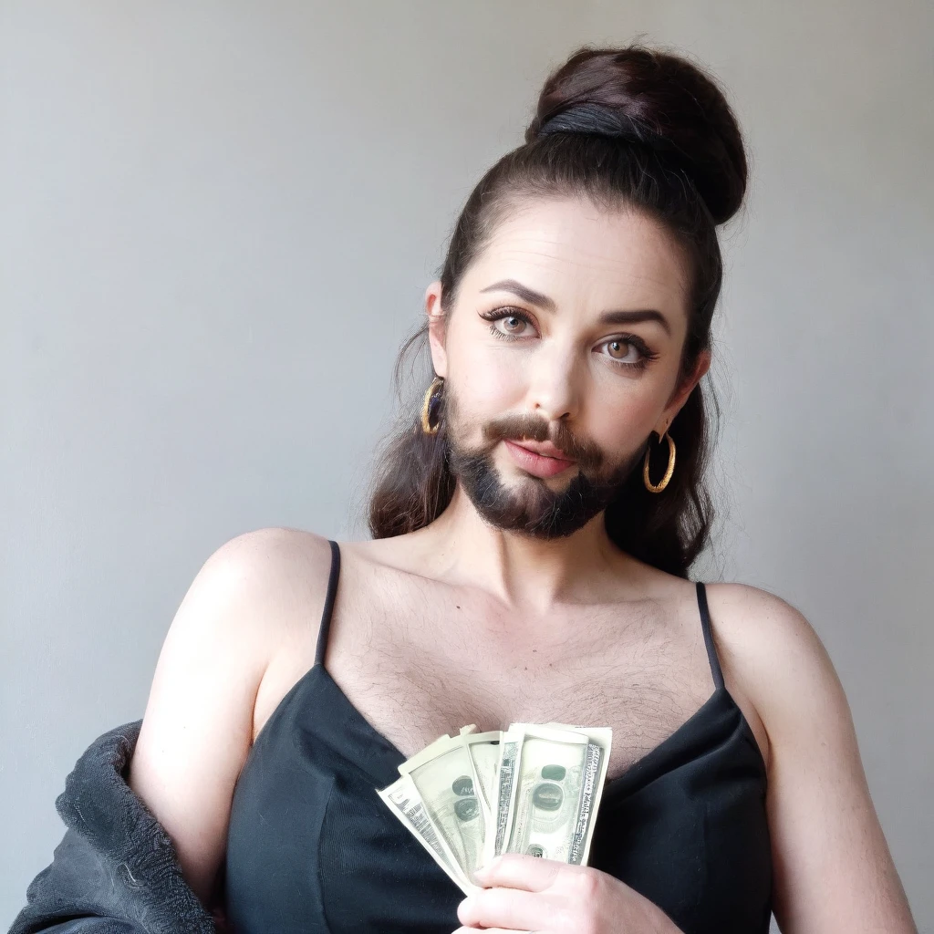 white woman bearded to the cheeks and hairy neck, big nose, makeup, black hair tied back, wears a huge shaggy beard, thick and well-groomed, black eyes, seductive and proud look, large golden earrings, holds banknotes of dollars