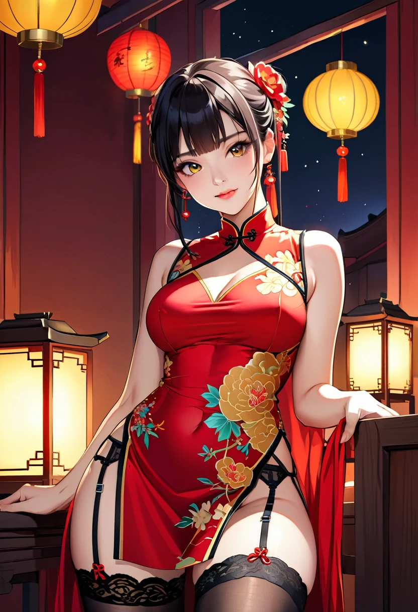 high resolution, adult woman , good lighting, despicable, , (no nudity), (((chinese dress))), (()), ((())), (garter belt), just abdomen, (), , cute face, yo'I'm embarrassed and blushed, humiliating, ((Turn around and look back)), ((transparentes))()(T-back)(a large amount is in the body,)