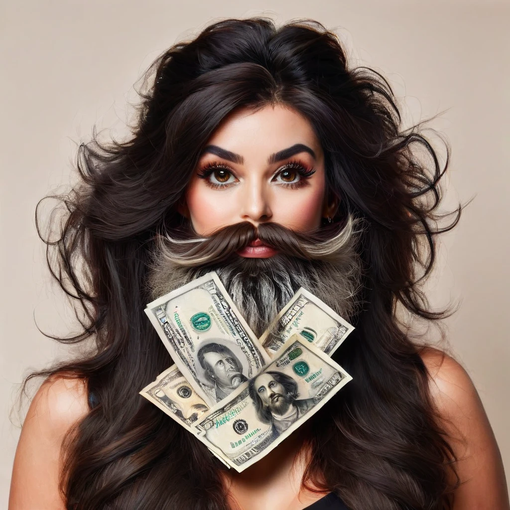 white woman bearded to the cheeks and hairy neck, big nose, makeup, black hair tied back, wears a huge shaggy beard, thick and well-groomed, black eyes, seductive and proud look, large golden earrings, holds banknotes of dollars