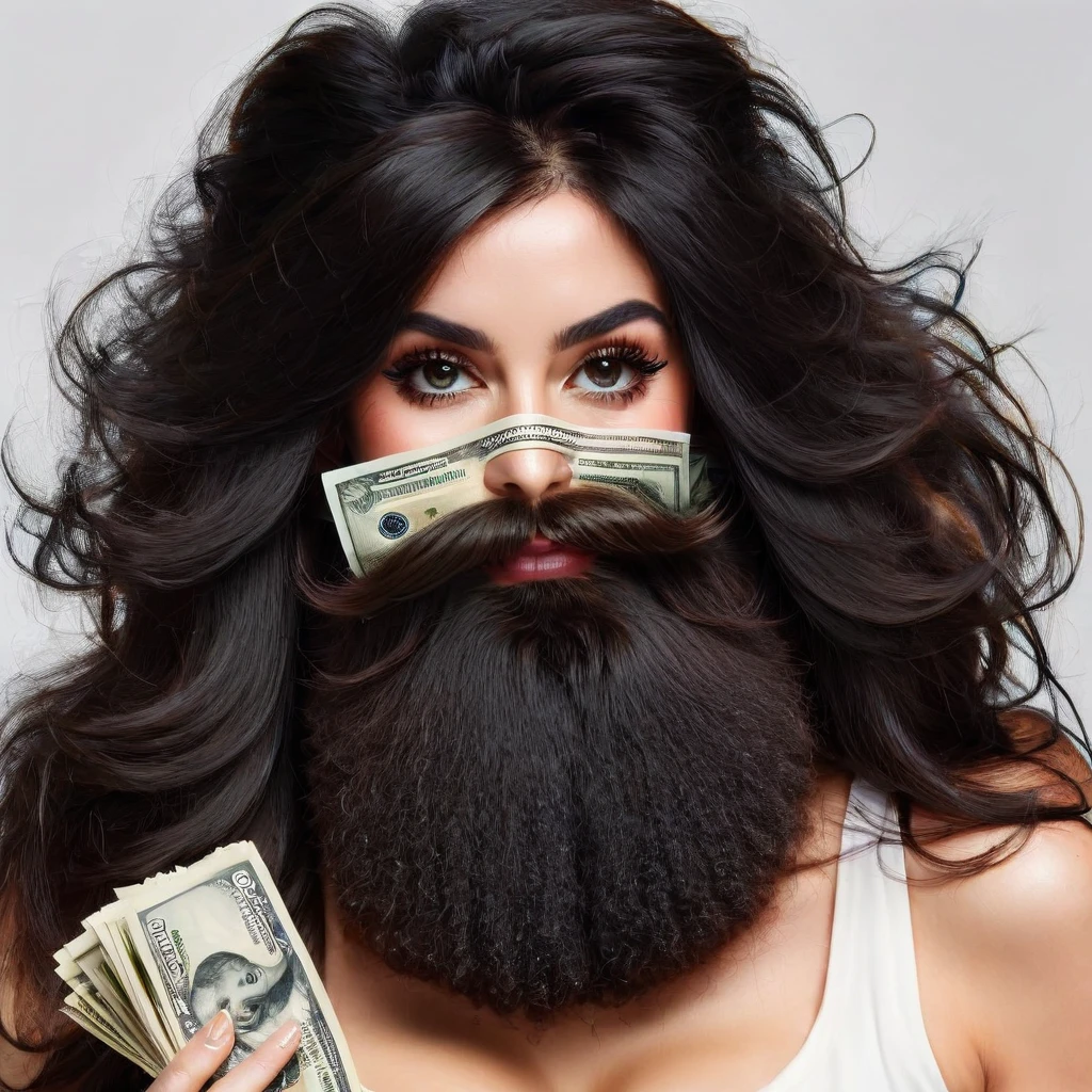 white woman bearded to the cheeks and hairy neck, big nose, makeup, black hair tied back, wears a huge shaggy beard, thick and well-groomed, black eyes, seductive and proud look, large golden earrings, holds banknotes of dollars