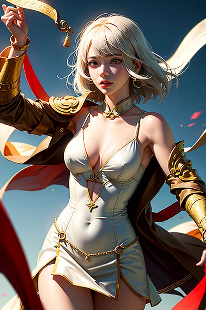 (masterpiece), (best quality), realistic, cinematic light, tang wutong from donghua soul land season 2, cool pose, battlefield background, perfect body, white eyes, white bobcut hair
