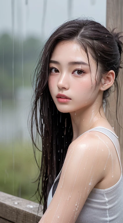 (Highest quality, 4K, masterpiece :1.3), Beautiful woman, A beautiful 20 year old Japanese girl, sexy :1.1,Dark brown hair: 1.1,ponytail, (It rained and I got wet, Raindrops, Wet body :1.2), White tank top, Highly detailed face, Detailed lips, Fine grain, double eyelid,(Drawn composition)