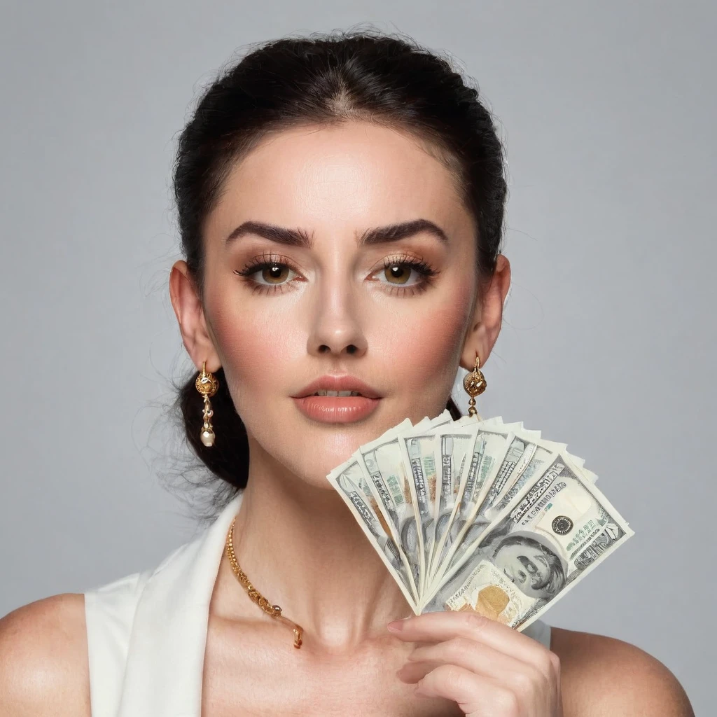 white woman bearded to the cheeks and hairy neck, big nose, makeup, black hair tied back, wears a huge shaggy beard, thick and well-groomed, black eyes, seductive and proud look, large golden earrings, holds banknotes of dollars