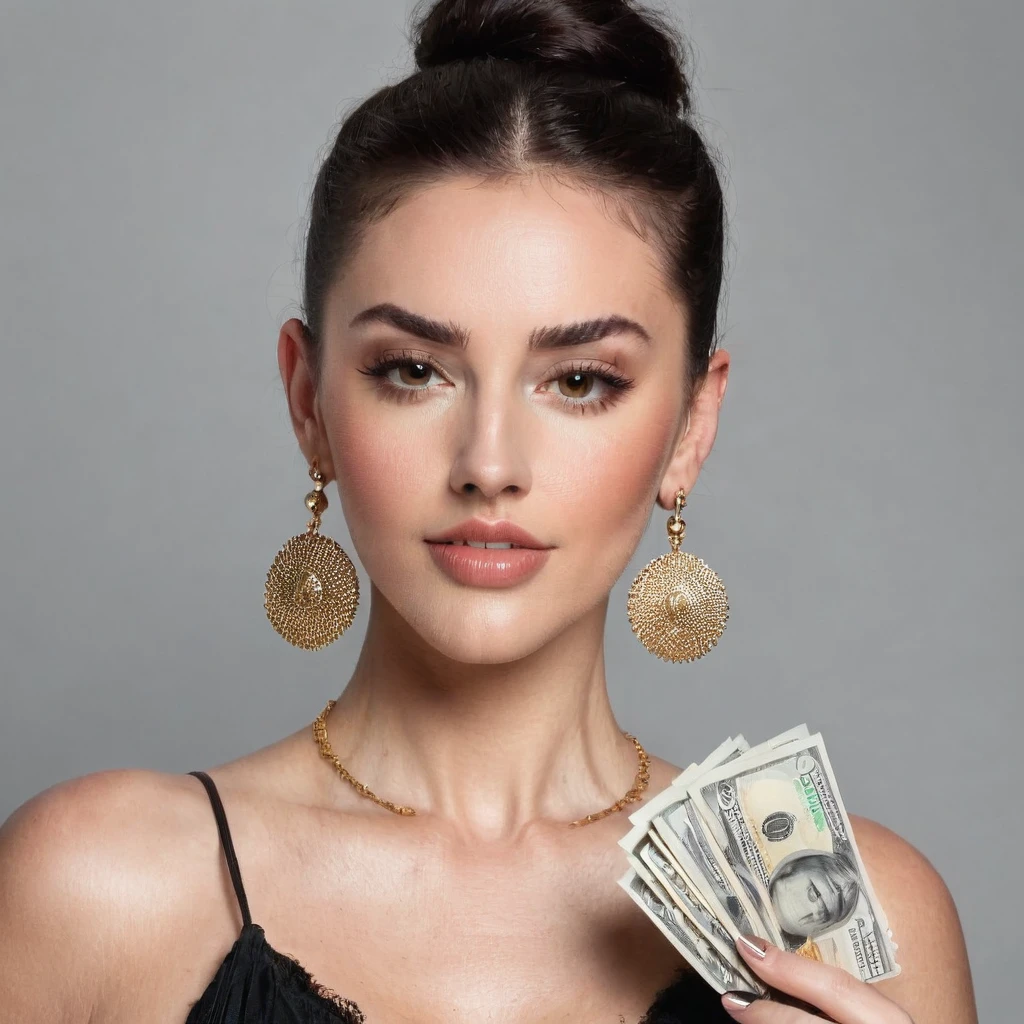 white woman bearded to the cheeks and hairy neck, big nose, makeup, black hair tied back, wears a huge shaggy beard, thick and well-groomed, black eyes, seductive and proud look, large golden earrings, holds banknotes of dollars