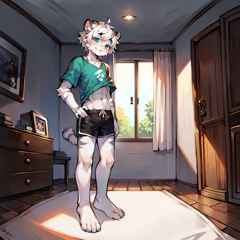 ager, Short white hair, ear, Lower Body, bedroom,Standing on the ground,hairy, White hair everywhere, White hair everywhere, White Tiger, Tiger Tail, masterpiece, High quality portrait, Humanoid, youth style, posture, panoramic, White Tiger型, Green short sleeves, Black shorts, super Handsome face, Handsome, Tiger Youth, blue eyes, White Tiger, white ear, barefoot